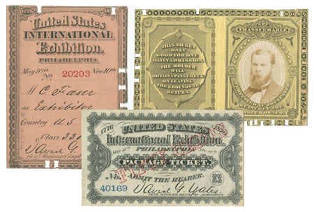 Samples of Centennial Exhibition Admission tickets.